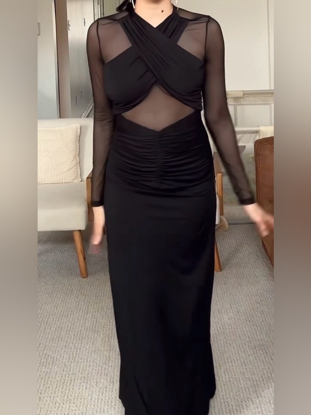 Sheer Panel Long Sleeve Black Maxi Dress